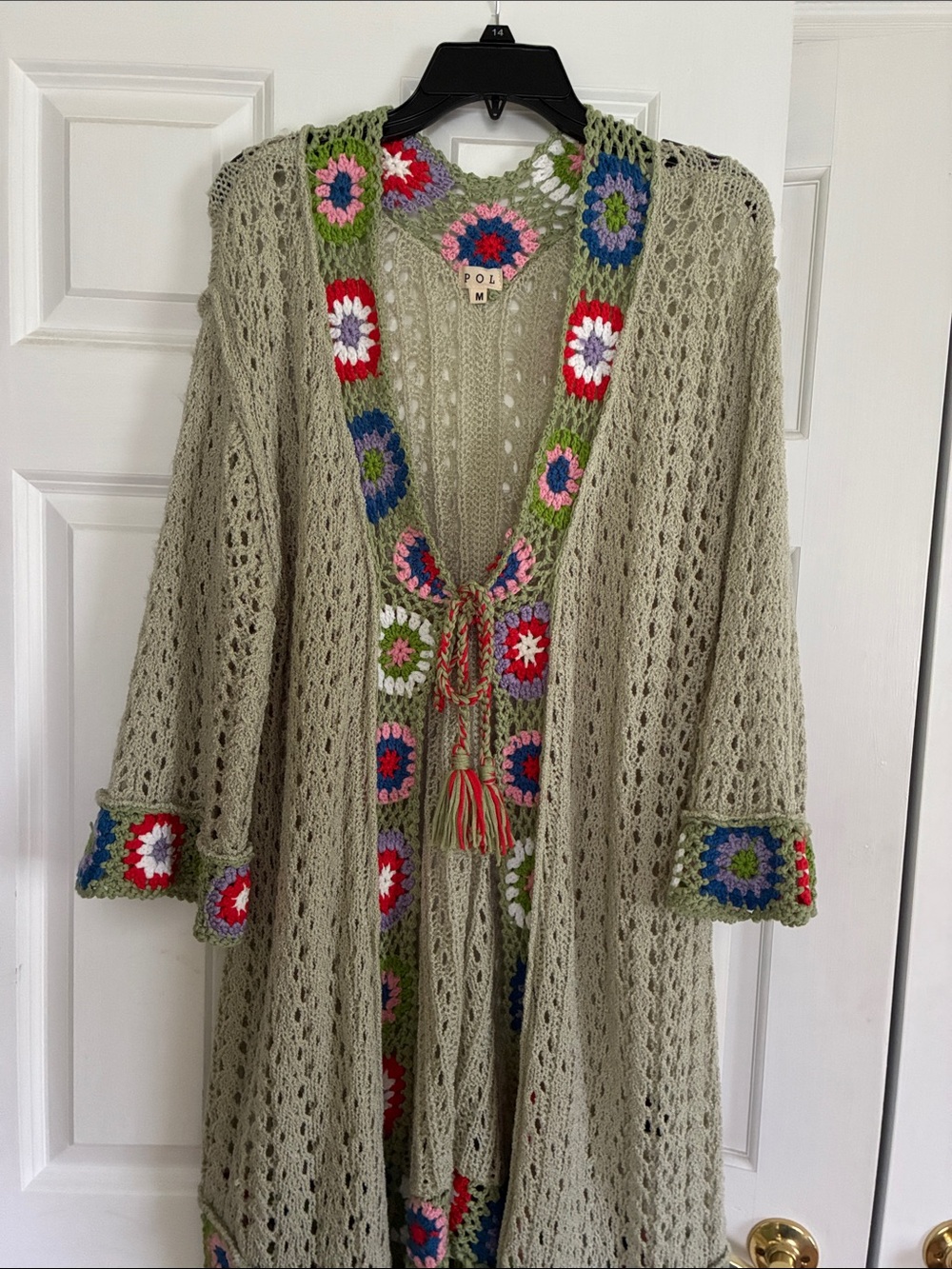 Boutique Boho Crochet-Trim Open Front Olive Green Sage Women's Sweater Cardigan - Picture 5 of 10